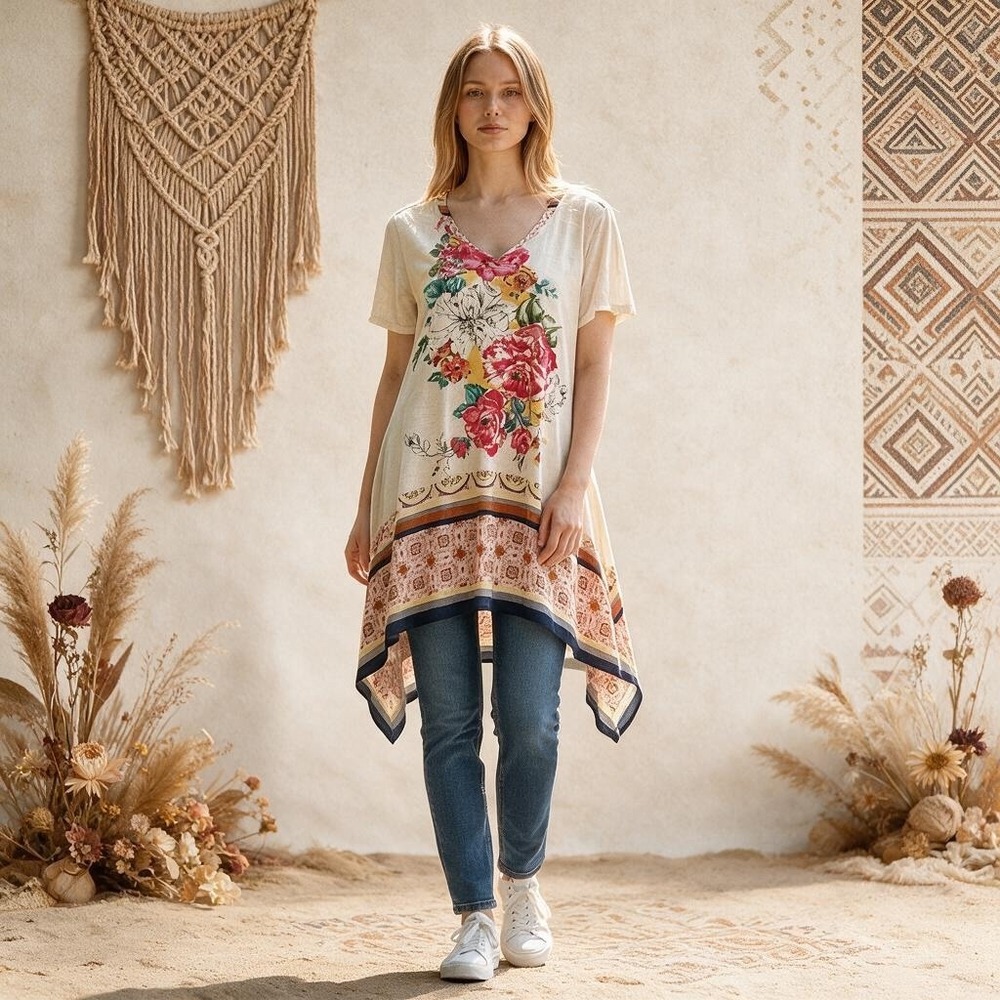 Johnny Was Tunic Women XS Cream Floral Excellent Oversized Boho Asymmetrical Hem